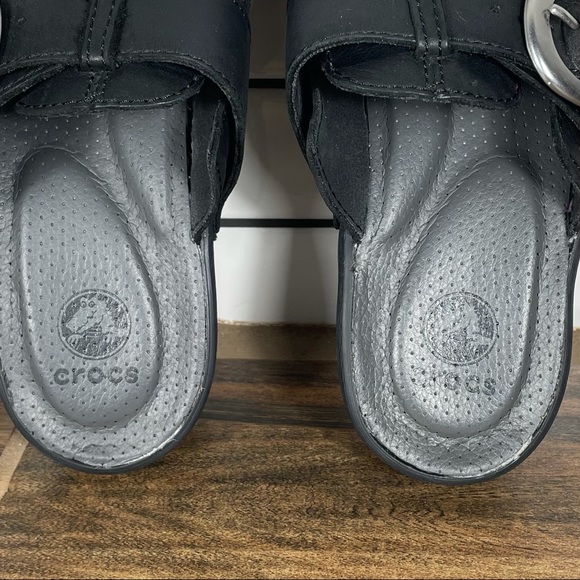 CROCS Cobbler Buckle Black Leather Cushioned Clogs - Picture 7 of 13